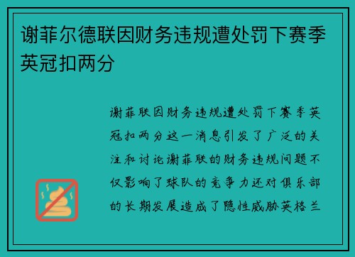 谢菲尔德联因财务违规遭处罚下赛季英冠扣两分